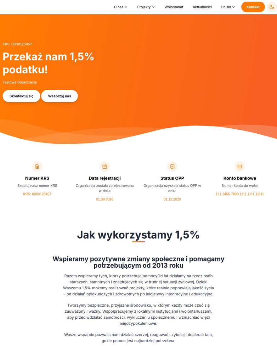 Zakładka 1,5% podatku — KRS, status OPP, konto do wpłat